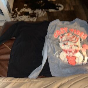 Cozy Kids Black and Gray Cat Graphic Long Sleeve Tops